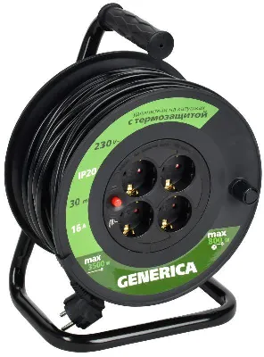 Удлинитель на катушке 4х30м 16А IP20 УК30 2P+PE 3х1.5 термозащита GENERICA WKP20-16-04-30-G