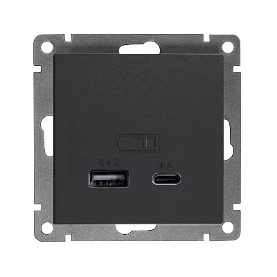 Розетка 2-м USB СП Афина тип А+С 5В 1х2.4А 2х4А механизм графит Universal А0059-Gr